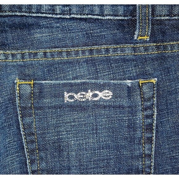 Bebe Dark Denim Twill LowRise Boot Jeans Rhinestone Buttons + Pocket Pin 29W/31L - Picture 13 of 14